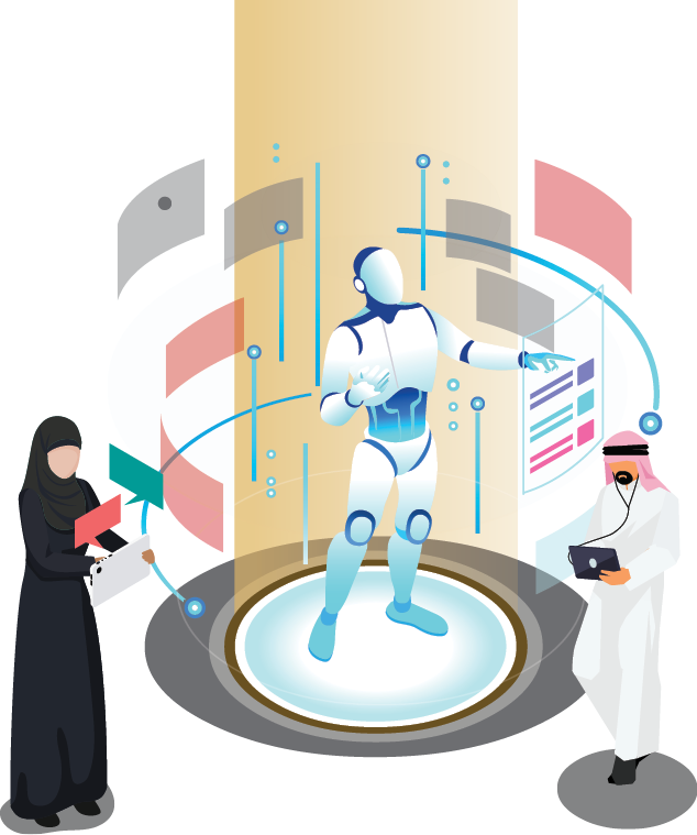 Artificial intelligence, ai for business  Iot concept, mans and women a chat bot dialog  Messenger application, virtual service of robot for social media  Flat Isometric characters vector illustration